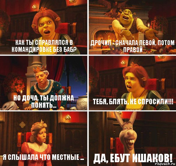 Как ты справлялся в командировке без баб? Дрочил - сначала левой, потом правой Но доча, ты должна понять... Тебя, блять, не спросили!!! Я слышала что местные ... да, ебут ишаков!, Комикс  Шрек Фиона Гарольд Осел