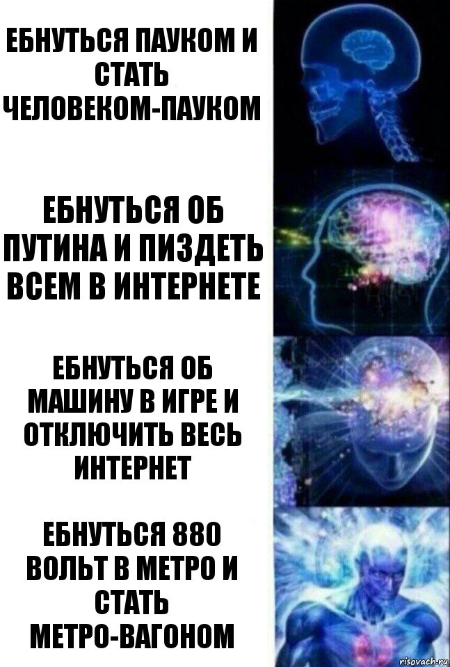 Ебнуться пауком и стать человеком-пауком Ебнуться об путина и пиздеть всем в интернете Ебнуться об машину в игре и отключить весь интернет Ебнуться 880 вольт в метро и стать метро-вагоном, Комикс  Сверхразум