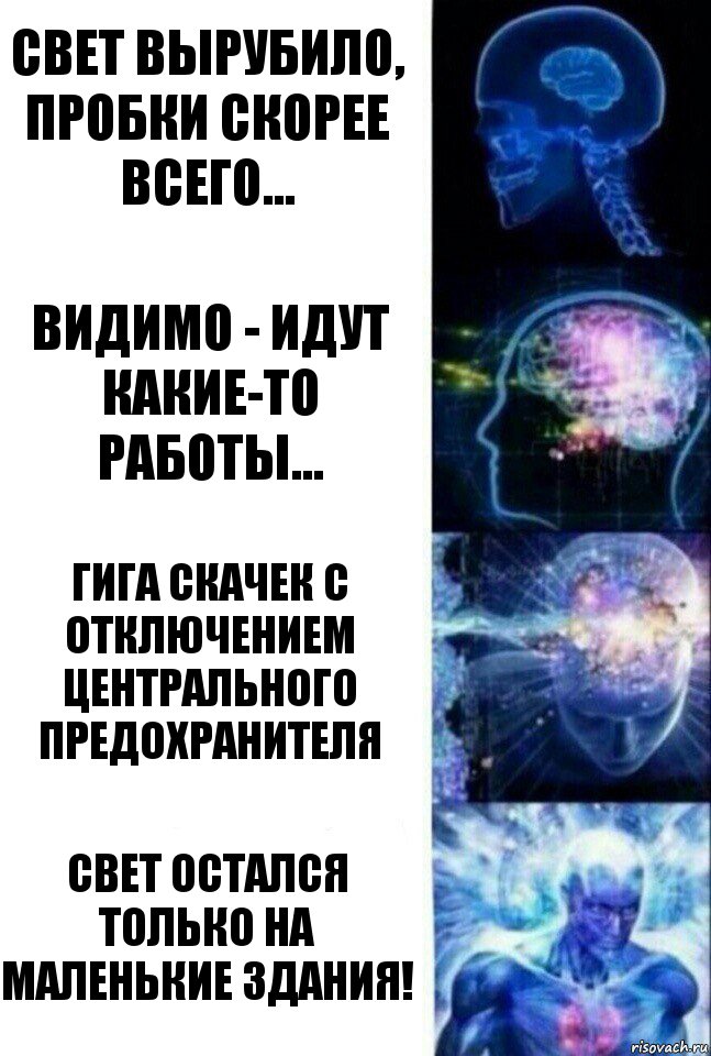 Свет вырубило, пробки скорее всего... Видимо - идут какие-то работы... Гига скачек с отключением центрального предохранителя Свет остался только на маленькие здания!, Комикс  Сверхразум