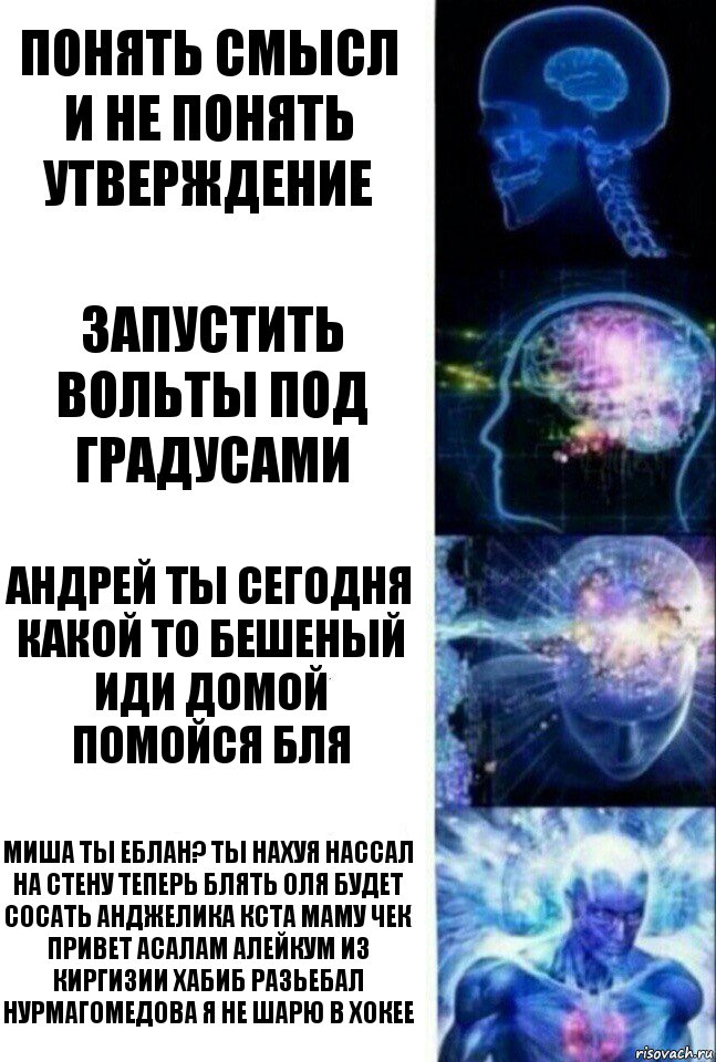 Понять смысл и не понять утверждение Запустить вольты под градусами Андрей ты сегодня какой то бешеный иди домой помойся бля Миша ты еблан? ты нахуя нассал на стену теперь блять оля будет сосать анджелика кста маму чек привет асалам алейкум из киргизии хабиб разьебал нурмагомедова я не шарю в хокее, Комикс  Сверхразум