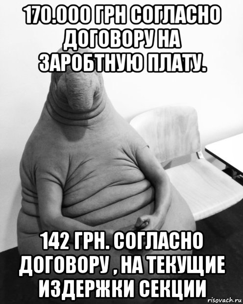 170.000 грн согласно договору на заробтную плату. 142 грн. согласно договору , на текущие издержки секции, Мем  Ждун