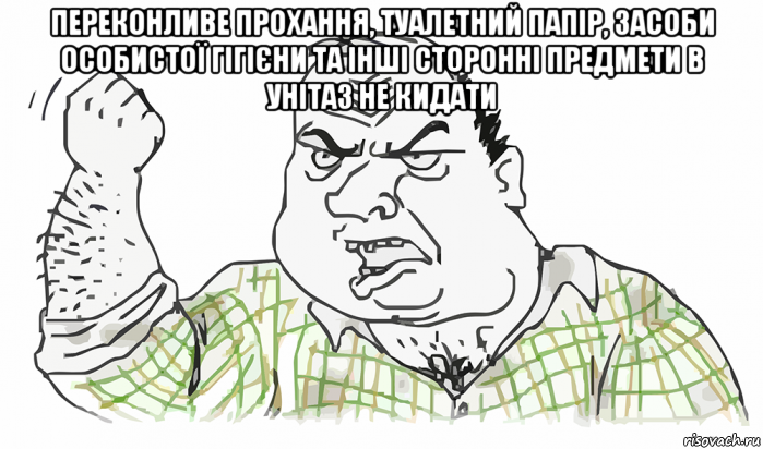 переконливе прохання, туалетний папір, засоби особистої гігієни та інші сторонні предмети в унітаз не кидати , Мем Будь мужиком