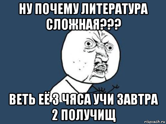 ну почему литература сложная??? веть её 3 чяса учи завтра 2 получищ, Мем Ну почему