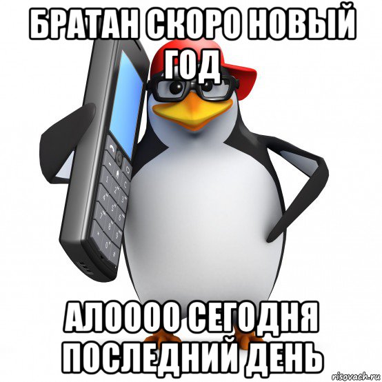 братан скоро новый год алоооо сегодня последний день, Мем   Пингвин звонит