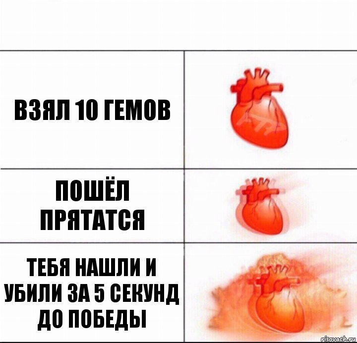 взял 10 гемов пошёл прятатся тебя нашли и убили за 5 секунд до победы