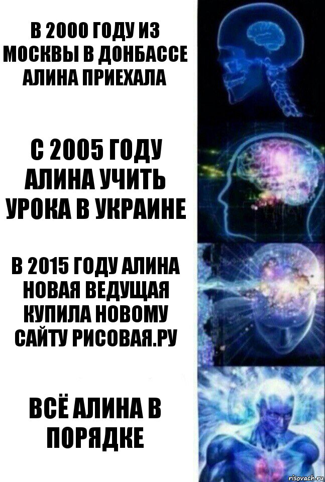 В 2000 году из Москвы в Донбассе Алина приехала С 2005 году Алина учить урока в Украине В 2015 году Алина новая ведущая купила новому сайту Рисовая.ру Всё Алина в порядке, Комикс  Сверхразум