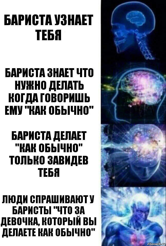 бариста узнает тебя бариста знает что нужно делать когда говоришь ему "как обычно" бариста делает "как обычно" только завидев тебя люди спрашивают у баристы "что за девочка, который вы делаете как обычно"