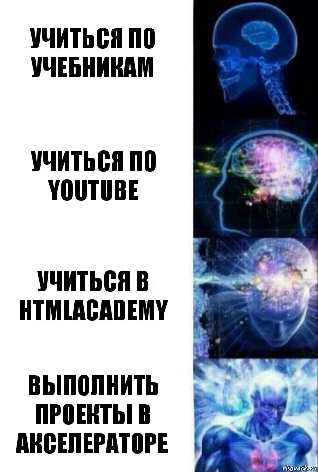 Учиться по учебникам Учиться по youtube Учиться в htmlacademy Выполнить проекты в Акселераторе, Комикс  Сверхразум