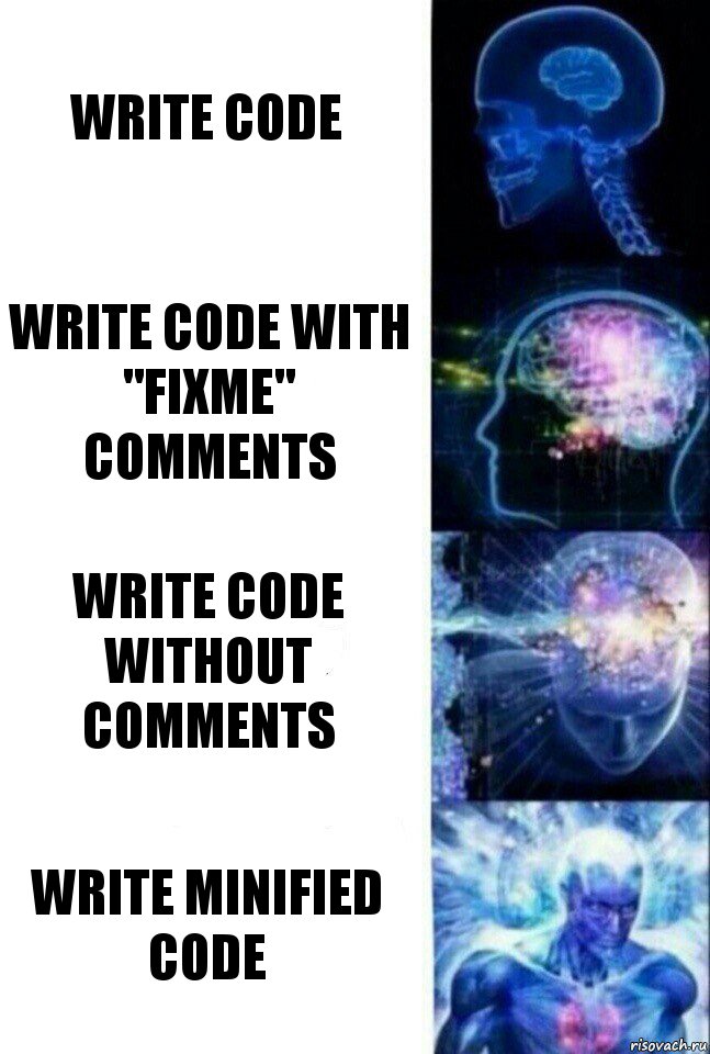 Write code Write code with "FIXME" comments Write code without comments Write Minified code, Комикс  Сверхразум