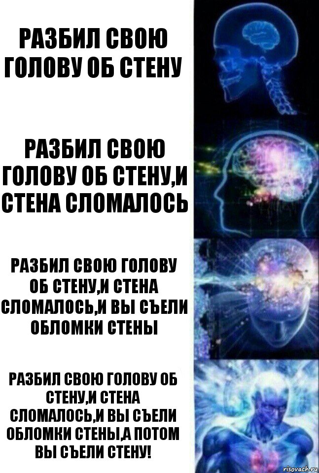 Разбил свою голову об стену Разбил свою голову об стену,И стена сломалось Разбил свою голову об стену,И стена сломалось,И вы съели обломки стены Разбил свою голову об стену,И стена сломалось,И вы съели обломки стены,А ПОТОМ ВЫ СЪЕЛИ СТЕНУ!, Комикс  Сверхразум