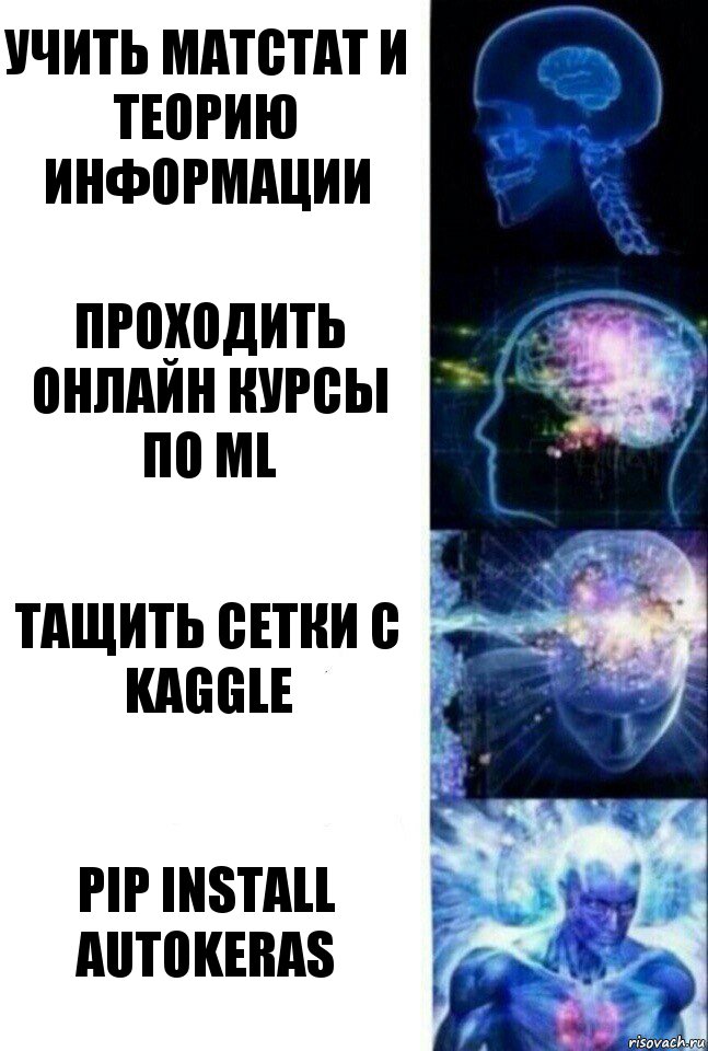 Учить матстат и теорию информации Проходить онлайн курсы по ML Тащить сетки с kaggle pip install autokeras