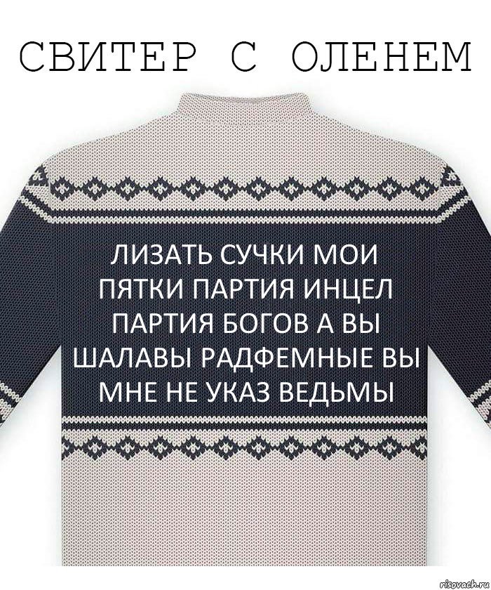 Лизать сучки мои пятки Партия Инцел Партия Богов а вы шалавы радфемные Вы мне не указ ведьмы, Комикс  Свитер с оленем