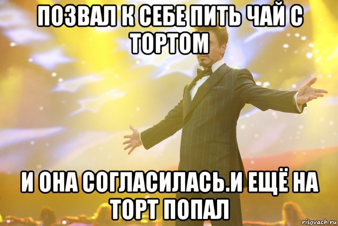 позвал к себе пить чай с тортом и она согласилась.и ещё на торт попал, Мем Тони Старк (Роберт Дауни младший)