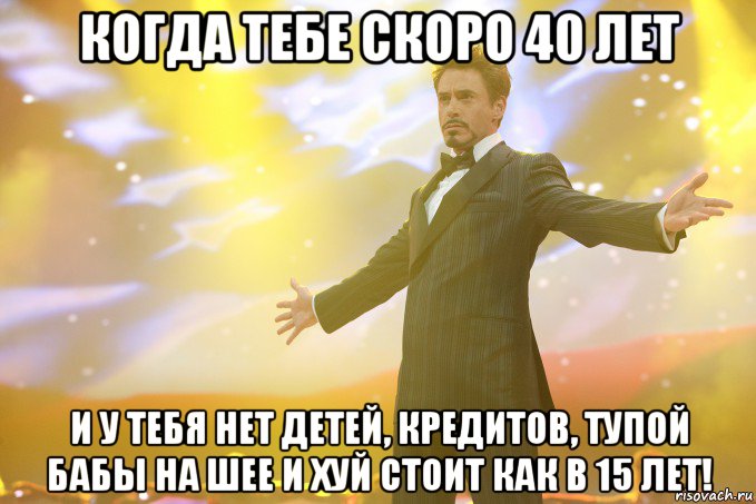 когда тебе скоро 40 лет и у тебя нет детей, кредитов, тупой бабы на шее и хуй стоит как в 15 лет!, Мем Тони Старк (Роберт Дауни младший)