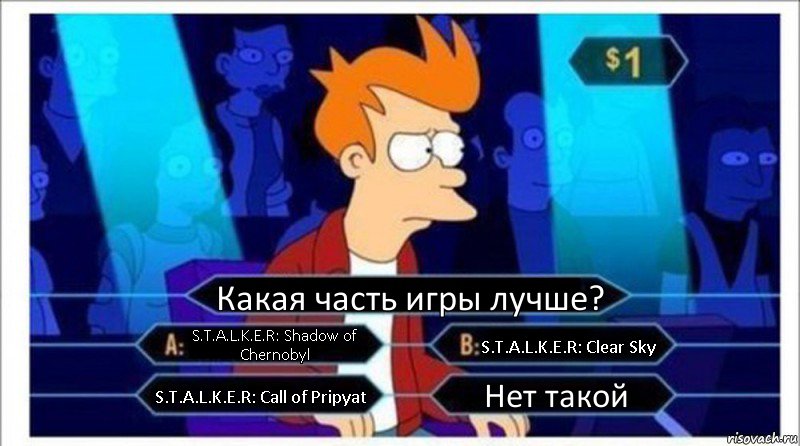 Какая часть игры лучше? S.T.A.L.K.E.R: Shadow of Chernobyl S.T.A.L.K.E.R: Clear Sky S.T.A.L.K.E.R: Call of Pripyat Нет такой