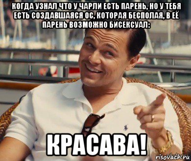 когда узнал что у чарли есть парень, но у тебя есть создавшаяся ос, которая бесполая, в её парень возможно бисексуал: красава!, Мем Хитрый Гэтсби