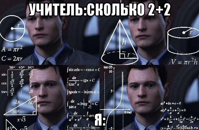 учитель:сколько 2+2 я:, Мем  Коннор задумался