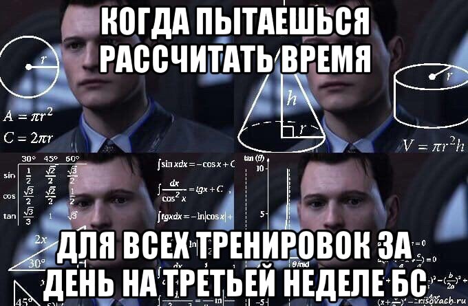 когда пытаешься рассчитать время для всех тренировок за день на третьей неделе бс, Мем  Коннор задумался