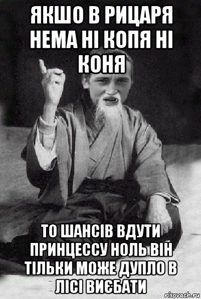 якшо в рицаря нема ні копя ні коня то шансів вдути принцессу ноль він тільки може дупло в лісі виєбати, Мем Мудрий паца