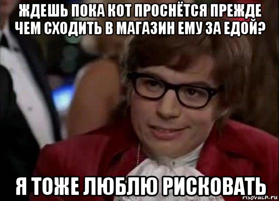 ждешь пока кот проснётся прежде чем сходить в магазин ему за едой? я тоже люблю рисковать, Мем Остин Пауэрс (я тоже люблю рисковать)