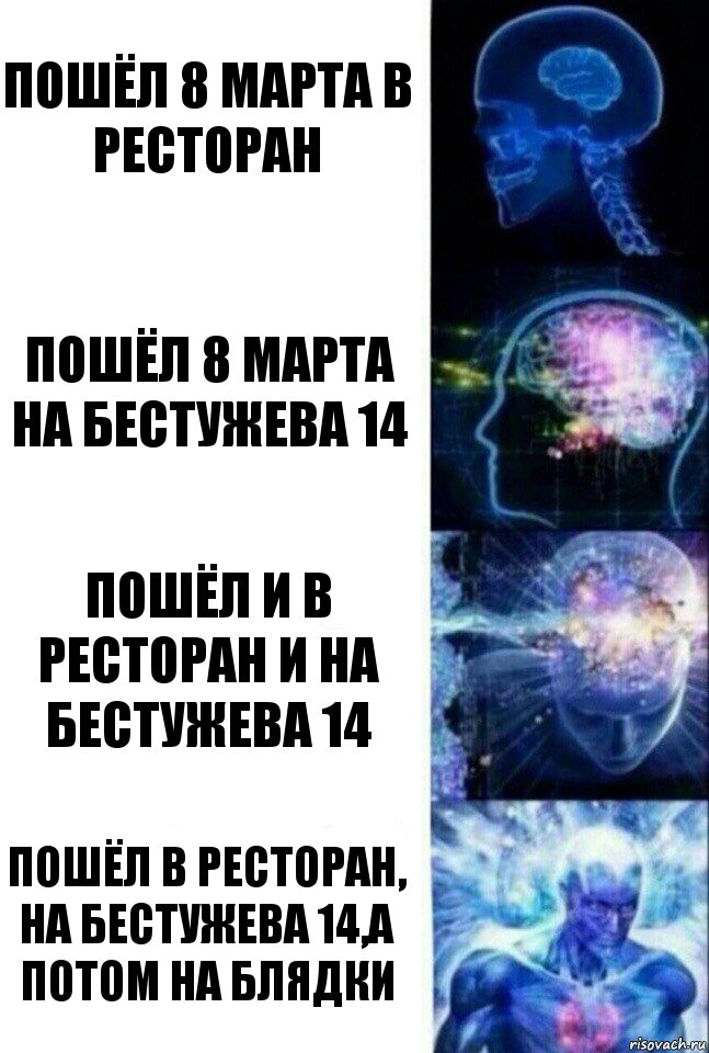 Пошёл 8 марта в ресторан Пошёл 8 марта на Бестужева 14 Пошёл и в ресторан и на Бестужева 14 Пошёл в ресторан, на Бестужева 14,а потом на блядки