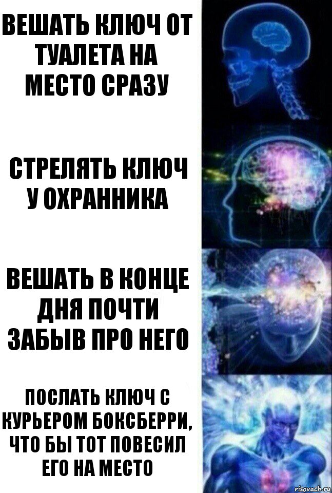 Вешать ключ от туалета на место сразу Стрелять ключ у охранника Вешать в конце дня почти забыв про него Послать ключ с курьером боксберри, что бы тот повесил его на место, Комикс  Сверхразум