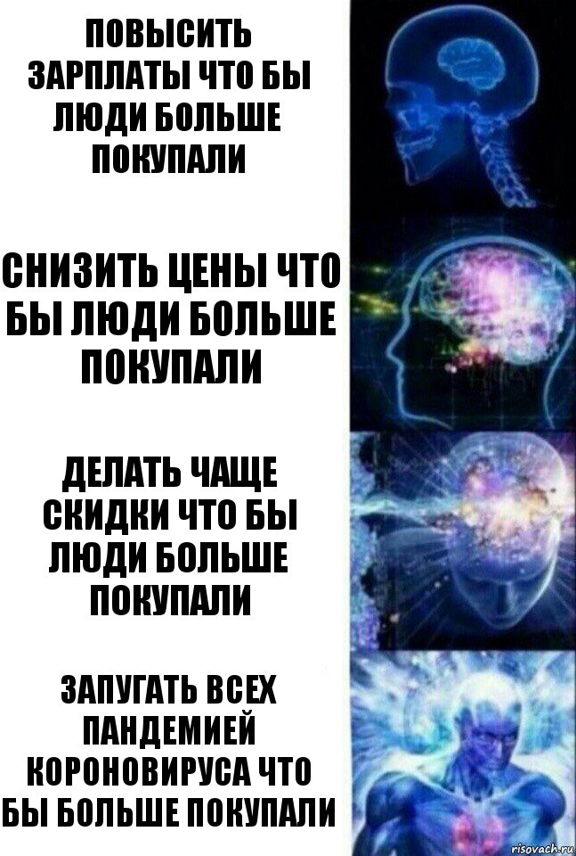 повысить зарплаты что бы люди больше покупали снизить цены что бы люди больше покупали делать чаще скидки что бы люди больше покупали запугать всех пандемией короновируса что бы больше покупали