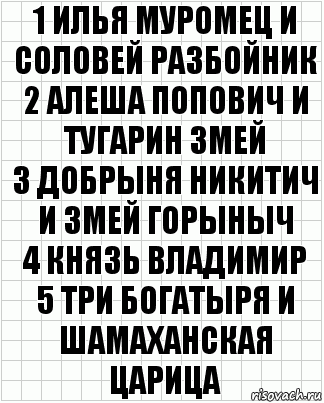 1 Илья муромец и соловей разбойник
2 Алеша попович и тугарин змей
3 Добрыня никитич и змей горыныч
4 Князь владимир
5 Три богатыря и шамаханская царица, Комикс  бумага