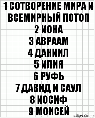 1 Сотворение мира и всемирный потоп
2 Иона
3 Авраам
4 Даниил
5 Илия
6 Руфь
7 Давид и саул
8 Иосиф
9 Моисей, Комикс  бумага