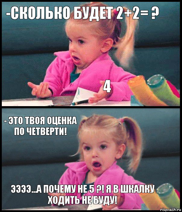 -Сколько будет 2+2= ? 4 - Это твоя оценка по четверти! Ээээ...А почему не 5 ?! Я в шкалку ходить не буду!, Комикс  Возмущающаяся девочка