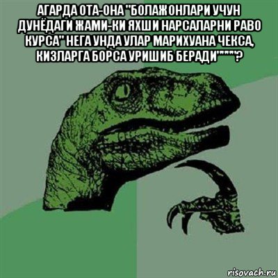 агарда ота-она "болажонлари учун дунёдаги жами-ки яхши нарсаларни раво курса" нега унда улар марихуана чекса, кизларга борса уришиб беради""""? , Мем Филосораптор