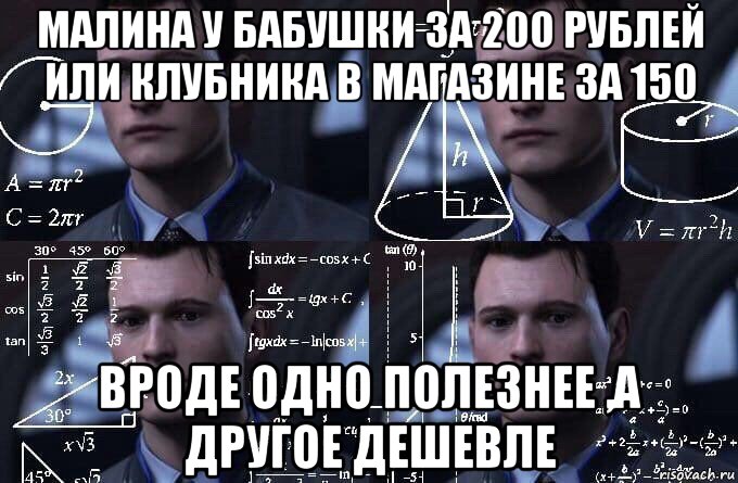 малина у бабушки за 200 рублей или клубника в магазине за 150 вроде одно полезнее ,а другое дешевле, Мем  Коннор задумался