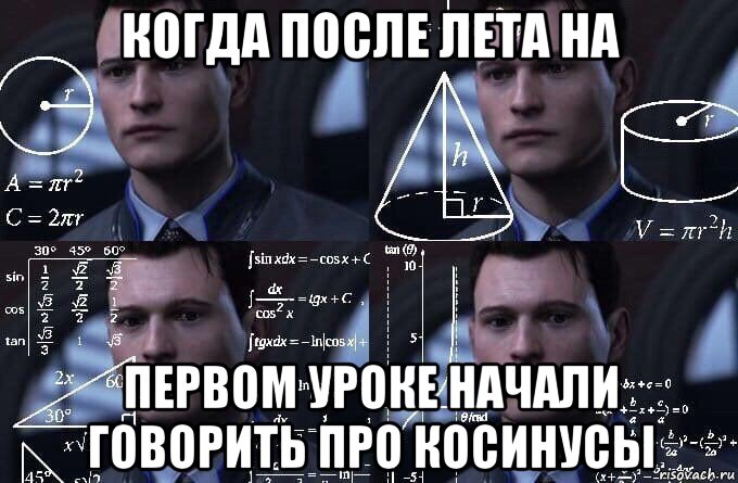 когда после лета на первом уроке начали говорить про косинусы, Мем  Коннор задумался