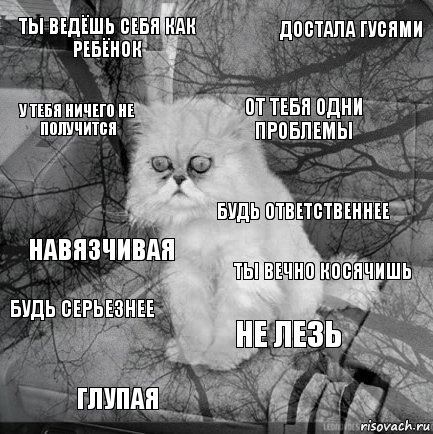 Ты ведёшь себя как ребёнок Ты вечно косячишь От тебя одни проблемы Глупая Навязчивая Достала гусями Не лезь У тебя ничего не получится Будь серьезнее Будь ответственнее, Комикс  кот безысходность