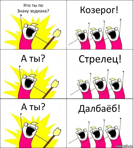 Кто ты по
Знаку зодиака? Козерог! А ты? Стрелец! А ты? Далбаёб!, Комикс кто мы