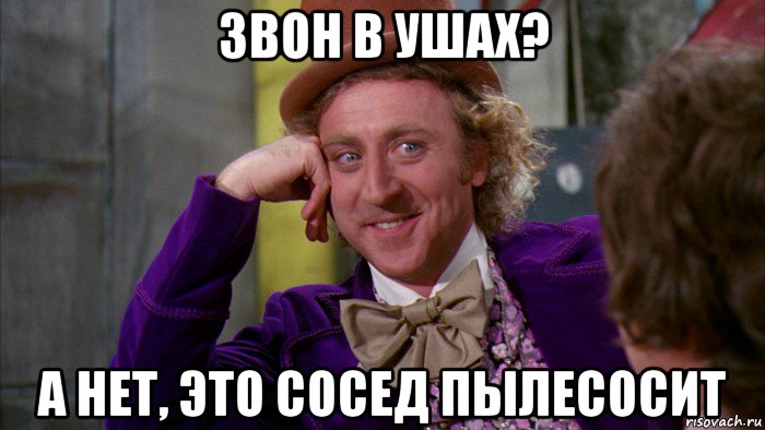 звон в ушах? а нет, это сосед пылесосит, Мем Ну давай расскажи (Вилли Вонка)