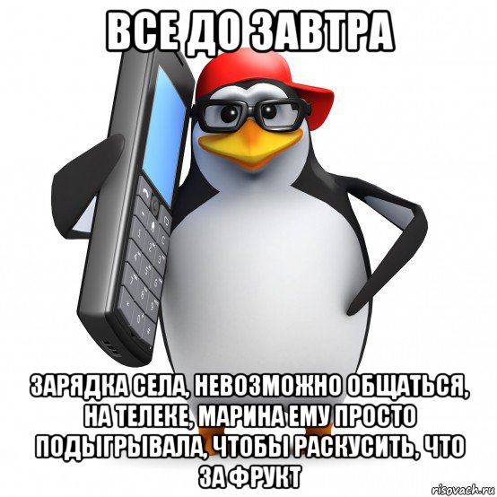 все до завтра зарядка села, невозможно общаться, на телеке, марина ему просто подыгрывала, чтобы раскусить, что за фрукт, Мем   Пингвин звонит