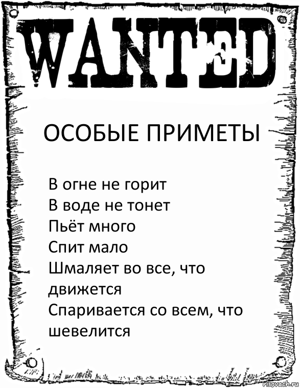 ОСОБЫЕ ПРИМЕТЫ В огне не горит
В воде не тонет
Пьёт много
Спит мало
Шмаляет во все, что движется
Спаривается со всем, что шевелится