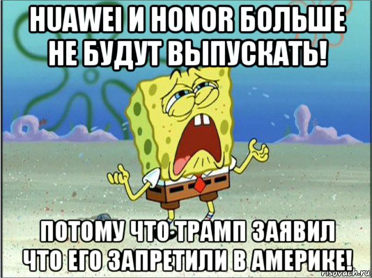 huawei и honor больше не будут выпускать! потому что трамп заявил что его запретили в америке!, Мем Спанч Боб плачет