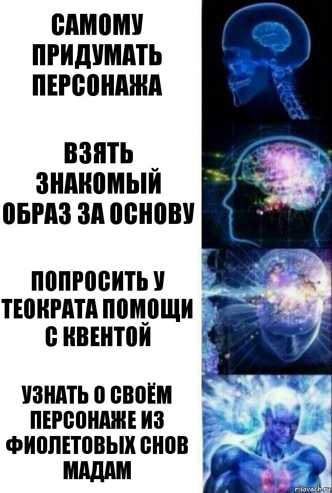 Самому придумать персонажа Взять знакомый образ за основу Попросить у Теократа помощи с квентой Узнать о своём персонаже из фиолетовых снов Мадам, Комикс  Сверхразум