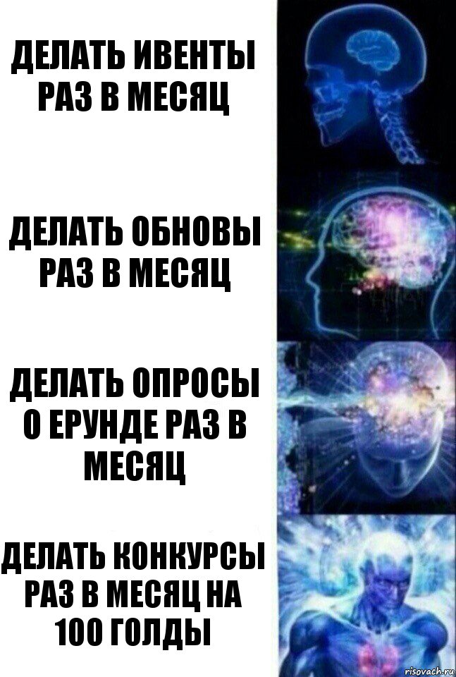 Делать ивенты раз в месяц Делать обновы раз в месяц Делать опросы о ерунде раз в месяц Делать конкурсы раз в месяц на 100 голды, Комикс  Сверхразум