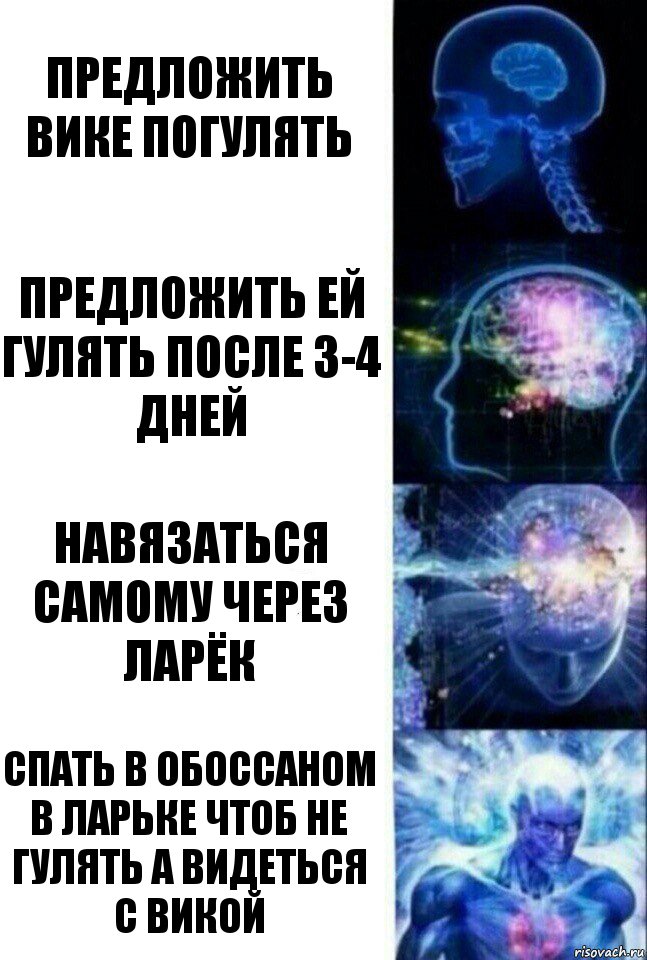 Предложить Вике погулять Предложить ей гулять после 3-4 дней Навязаться самому через ларёк Спать в обоссаном в ларьке чтоб не гулять а видеться с викой, Комикс  Сверхразум