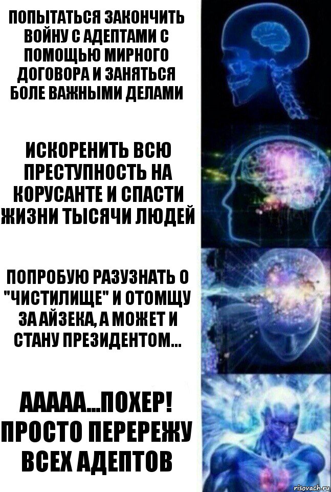 Попытаться закончить войну с адептами с помощью мирного договора и заняться боле важными делами Искоренить всю преступность на Корусанте и спасти жизни тысячи людей Попробую разузнать о "Чистилище" и отомщу за Айзека, а может и стану президентом... Ааааа...похер! Просто перережу всех адептов, Комикс  Сверхразум