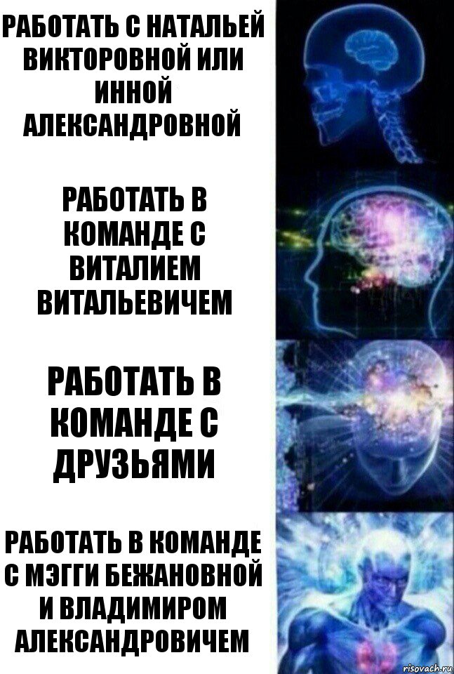 Работать с Натальей Викторовной или Инной Александровной Работать в команде с Виталием Витальевичем Работать в команде с друзьями Работать в команде с Мэгги Бежановной и Владимиром Александровичем, Комикс  Сверхразум