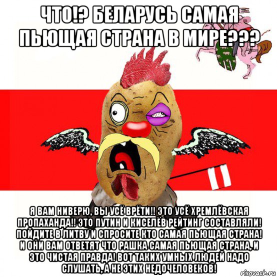 что!? беларусь самая пьющая страна в мире??? я вам ниверю, вы усё врёти!! это усё хремлёвская пропаханда!! это путин и киселёв рейтинг составляли! пойдите в литву и спросите кто самая пьющая страна! и они вам ответят что рашка самая пьющая страна, и это чистая правда! вот таких умных людей надо слушать, а не этих недочеловеков!, Мем свядомы эмагар в ярости