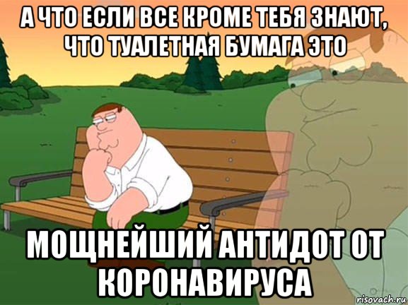 а что если все кроме тебя знают, что туалетная бумага это мощнейший антидот от коронавируса, Мем Задумчивый Гриффин