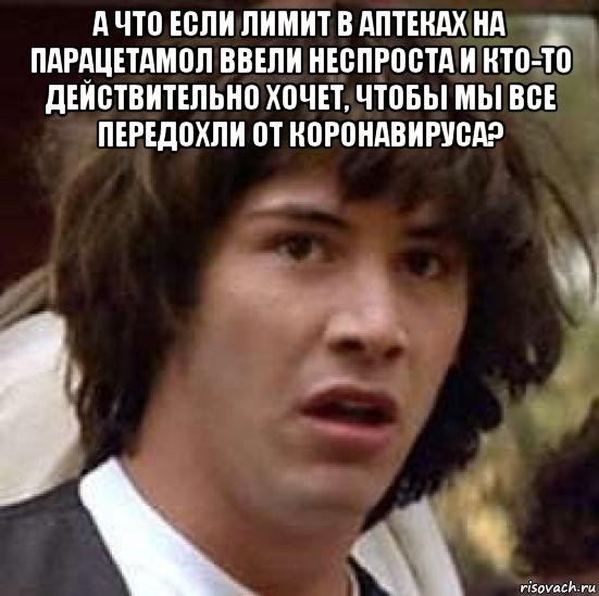 а что если лимит в аптеках на парацетамол ввели неспроста и кто-то действительно хочет, чтобы мы все передохли от коронавируса? , Мем А что если (Киану Ривз)