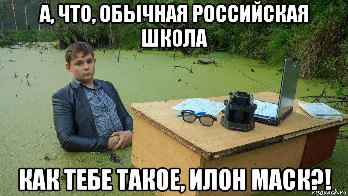 а, что, обычная российская школа как тебе такое, илон маск?!, Мем  Парень сидит в болоте