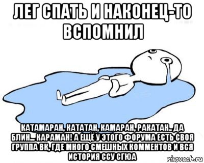 лег спать и наконец-то вспомнил катамаран, кататан, камаран, ракатан.. да блин... караман! а ещё у этого форума есть своя группа вк, где много смешных комментов и вся история ссу сгюа, Мем   человек в луже плачет