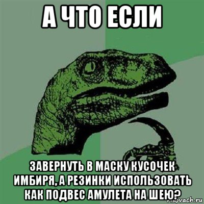 а что если завернуть в маску кусочек имбиря, а резинки использовать как подвес амулета на шею?, Мем Филосораптор